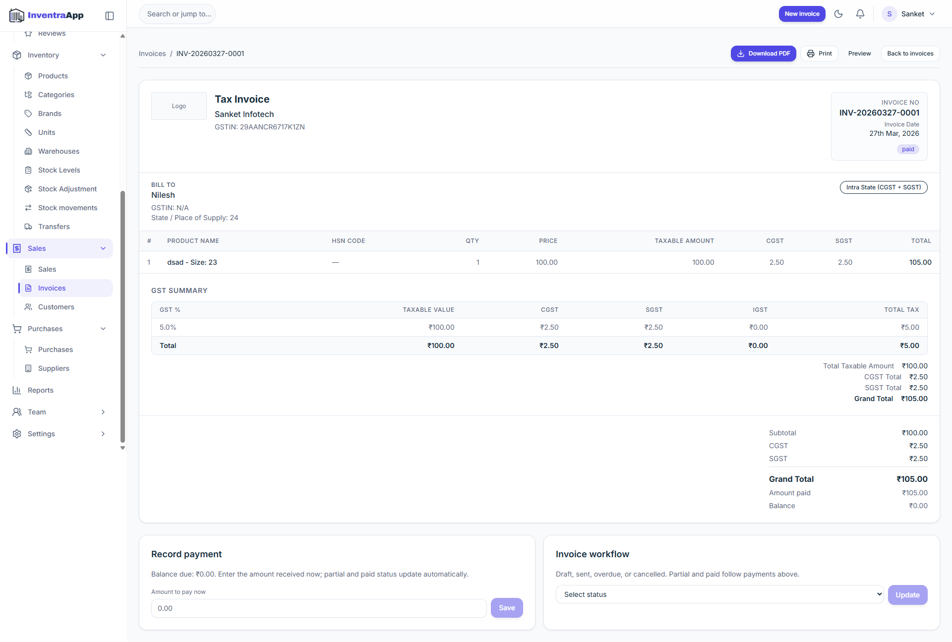 InventraApp dashboard for sales and billing overview