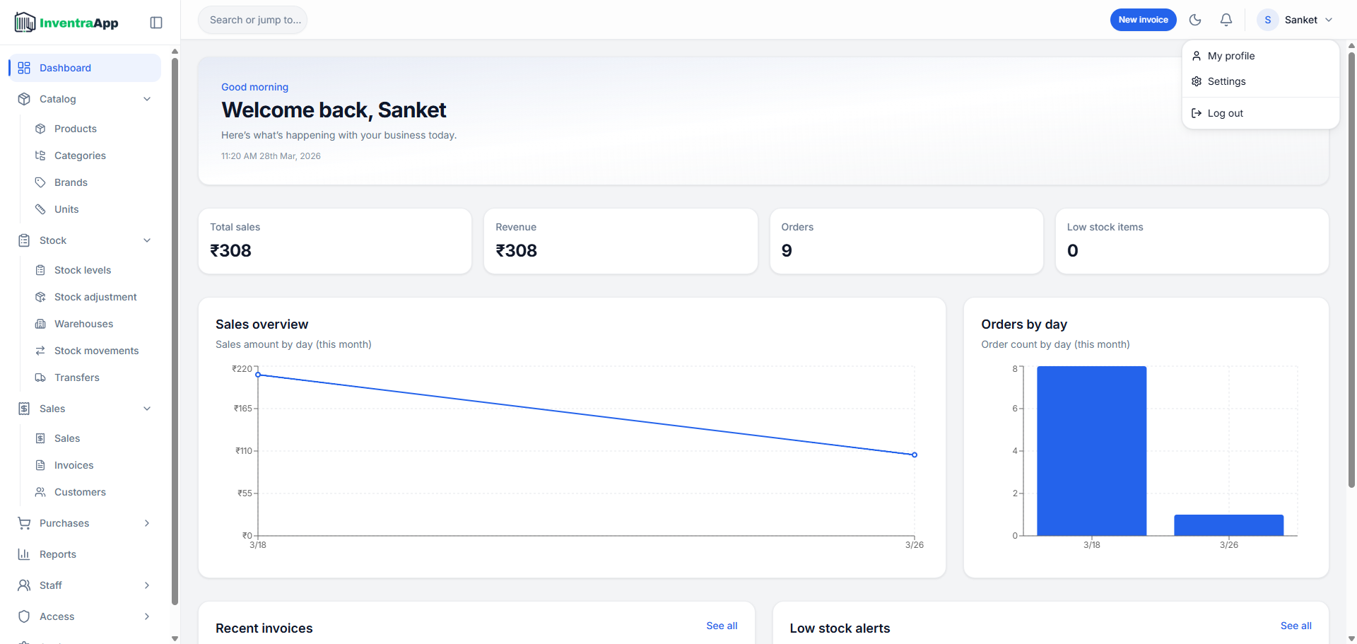 InventraApp dashboard with KPIs, sales charts, and navigation